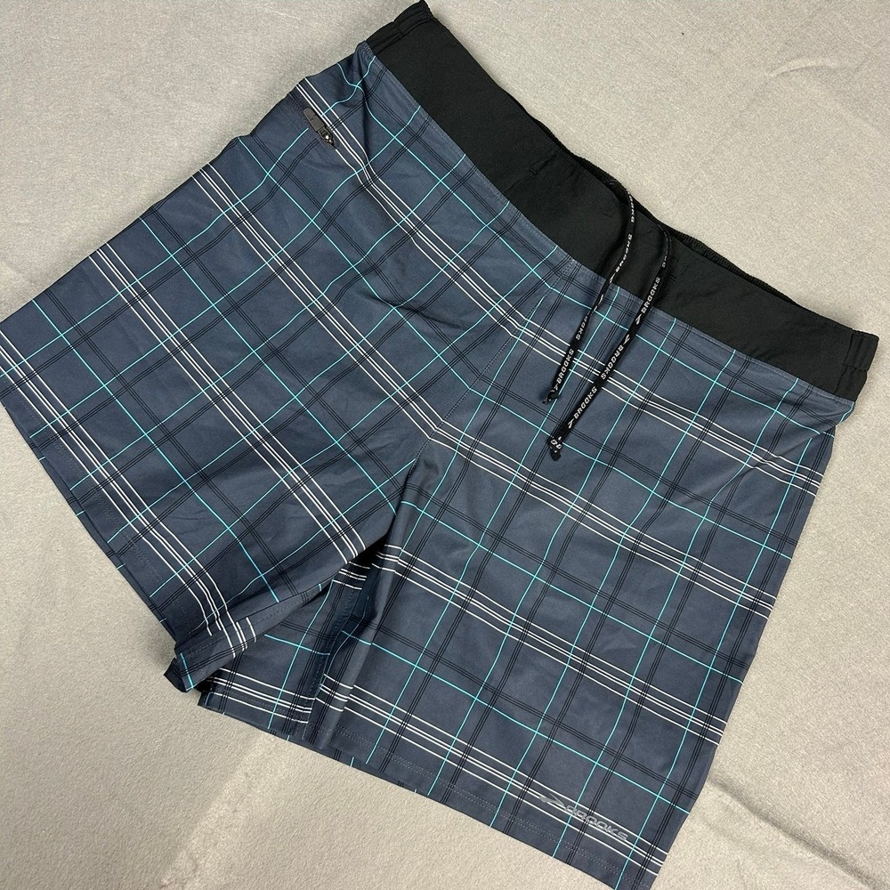 Brooks Running Shorts Plaid Liner Athletic Mens M Black Teal